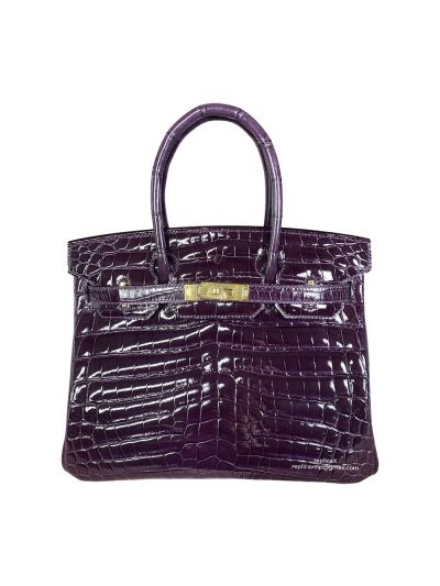 Hermes Vip Birkin 30 Tote Bag Hand Stitched Shiny Purple Crocodile Leather 522354
