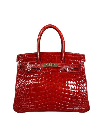  Hermes Vip Birkin 30 Tote Bag Hand Stitched Shiny Red Crocodile Leather 522353