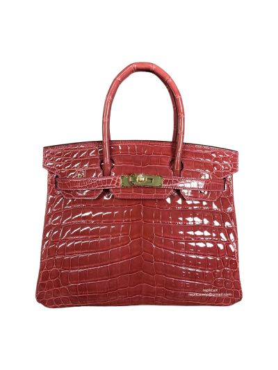 Hermes Vip Birkin 30 Tote Bag Hand Stitched Shiny Red Crocodile Leather 522355