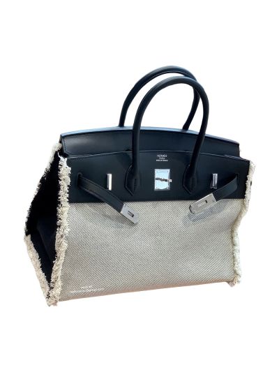 Hermes VIP Birkin 35 Fray Fray Ecru Rouge de Coeur Twill Tote Bag PHW Black 523900