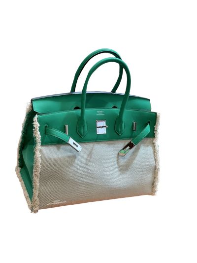 Hermes VIP Birkin 35 Fray Fray Ecru Rouge de Coeur Twill Tote Bag PHW Green 523902