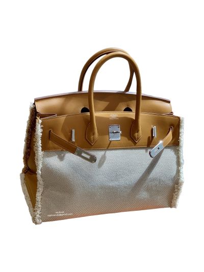 Hermes VIP Birkin 35 Fray Fray Ecru Rouge de Coeur Twill Tote Bag PHW Tan 523901