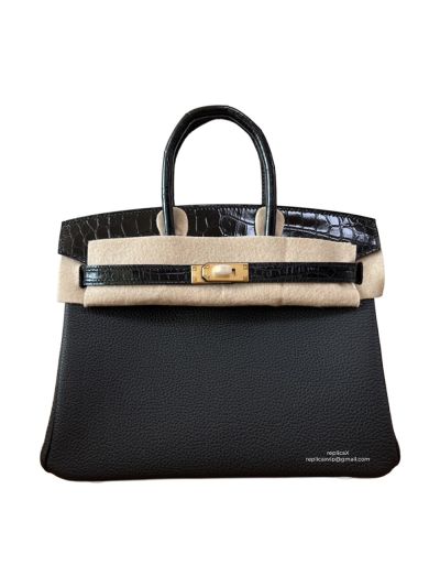 Hermes VIP Birkinouch Jaune Amber Black Leather and Shiny Niloticus Crocodile 523022