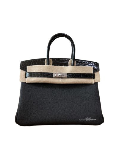 Hermes VIP Birkinouch Jaune Amber Black Leather and Shiny Niloticus Crocodile 523023