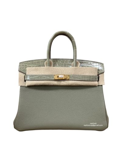 Hermes VIP Birkinouch Jaune Amber Gray Leather and Shiny Niloticus Crocodile 523030