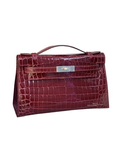 Hermes VIP Burgundy Crocodile Mini Kelly Pochette Clutch Bag 22CM 523034
