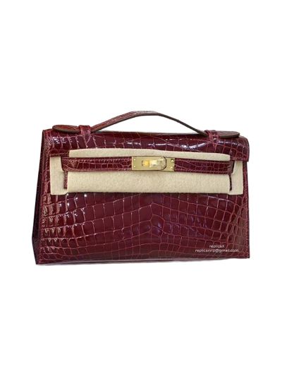Hermes VIP Burgundy Crocodile Mini Kelly Pochette Clutch Bag 22CM 523035