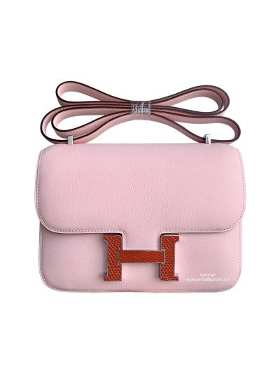 Hermes Vip Constance 19 Agate Nilo Lizard H Buckle Bag with Palladium Hardware Pink 19CM 522424