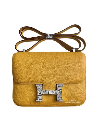 Hermes Vip Constance 19 Agate Nilo Lizard H Buckle Bag with Palladium Hardware Yellow 19CM 522426