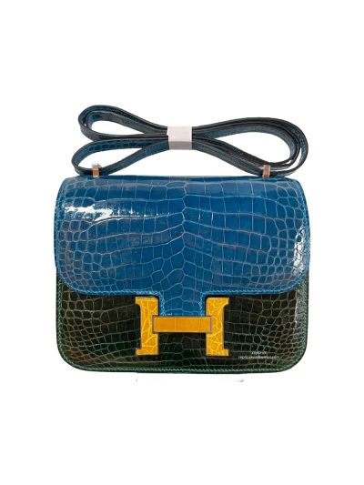 Hermes VIP Constance 19CM Mini Shoulder Bag Blue Green Vert Emeraude Porosus Crocodile Leather 524988
