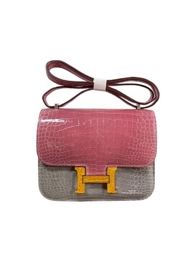 Hermes VIP Constance 19CM Mini Shoulder Bag Pink Gray Vert Emeraude Porosus Crocodile Leather 524990