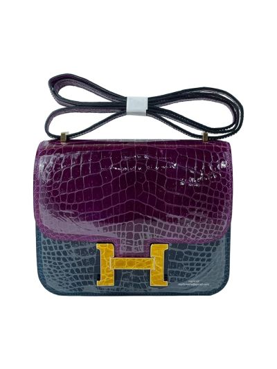 Hermes VIP Constance 19CM Mini Shoulder Bag Purple Blue Vert Emeraude Porosus Crocodile Leather 524991