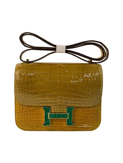 Hermes VIP Constance 19CM Mini Shoulder Bag Yellow Vert Emeraude Porosus Crocodile Leather 524992