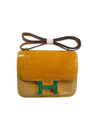 Hermes VIP Constance 19CM Mini Shoulder Bag Yellow Vert Emeraude Porosus Crocodile Leather 524993