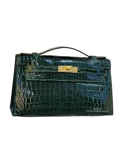 Hermes VIP Dark Green Crocodile Mini Kelly Pochette Clutch Bag 22CM 523041