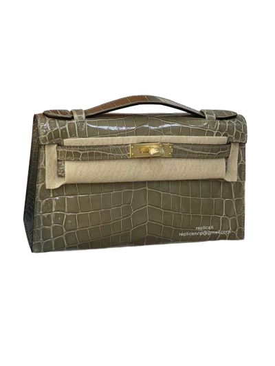 Hermes VIP Gray Crocodile Mini Kelly Pochette Clutch Bag 22CM 523038