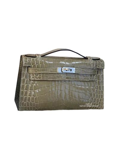 Hermes VIP Gray Crocodile Mini Kelly Pochette Clutch Bag 22CM 523037