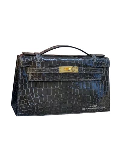 Hermes VIP Gray Crocodile Mini Kelly Pochette Clutch Bag 22CM 523039