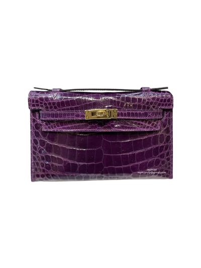 Hermes VIP Kelly 22CM Pochette Mini Crocodile Leather Bag Purple 523364