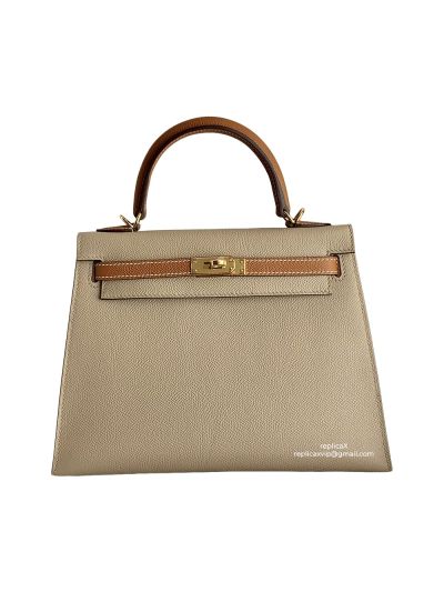 Hermes Vip Kelly 25 Sellier HSS Bi Color Tote Bag Beige and Tan Epsom Gold Hardware 522417