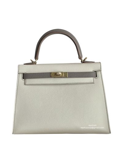 Hermes Vip Kelly 25 Sellier HSS Bi Color Tote Bag Gray and White Epsom Gold Hardware 525156