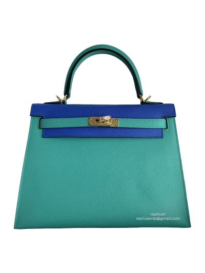 Hermes Vip Kelly 25 Sellier HSS Bi Color Tote Bag Green and Blue Epsom Gold Hardware 525157