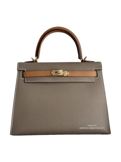 Hermes Vip Kelly 25 Sellier HSS Bi Color Tote Bag Grey and Tan Epsom Gold Hardware 525158