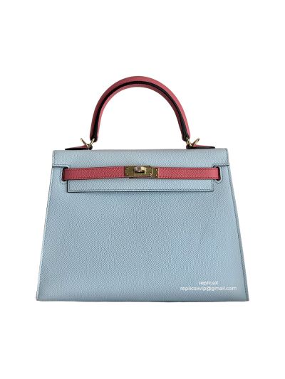 Hermes Vip Kelly 25 Sellier HSS Bi Color Tote Bag Sky Blue and Pink Epsom Gold Hardware 522418