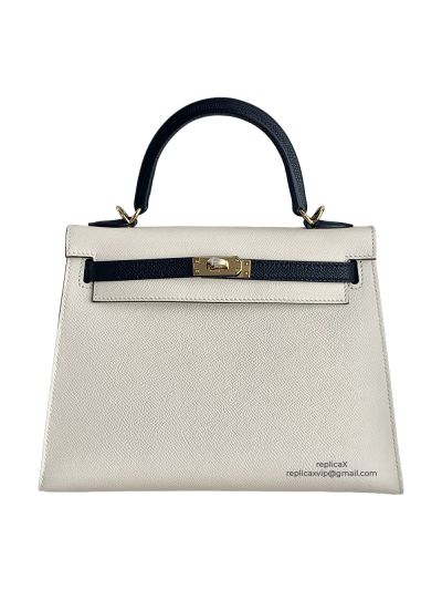 Hermes Vip Kelly 25 Sellier HSS Bi Color Tote Bag White and Black Epsom Gold Hardware 525162