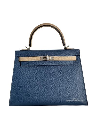 Hermes Vip Kelly 25 Sellier HSS Bi Color Tote Bag White and Blue Epsom Gold Hardware 525163
