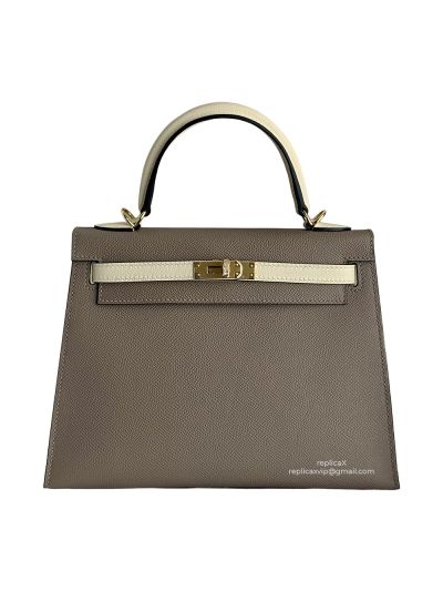Hermes Vip Kelly 25 Sellier HSS Bi Color Tote Bag White and Grey Epsom Gold Hardware 525165