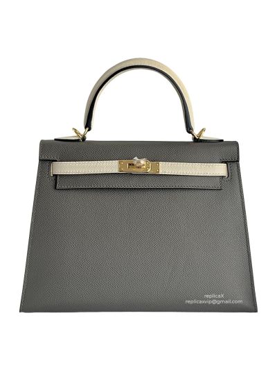 Hermes Vip Kelly 25 Sellier HSS Bi Color Tote Bag White and Grey Epsom Gold Hardware 525164