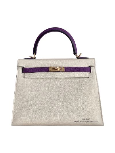 Hermes Vip Kelly 25 Sellier HSS Bi Color Tote Bag White and Purple Epsom Gold Hardware 525166