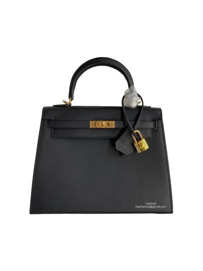 Hermes Vip Kelly 25 Top Handle Bag Black Epsom Calfskin Hand Stitched 522457