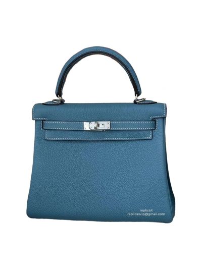 Hermes Vip Kelly 25 Top Handle Shoulder Bag Blue Hand Stitched Togo Calfskin 25CM 522345