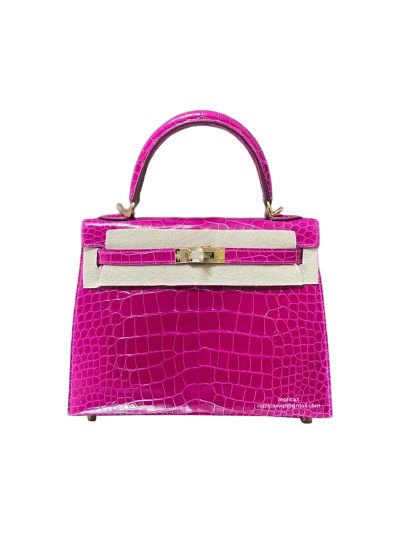 Hermes VIP Kelly 25 Top Handle Shoulder Bag Fuchsia Pink Crocodile Original Leather 25CM 523072