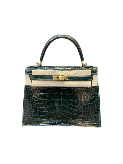 Hermes VIP Kelly 25 Top Handle Shoulder Bag Green Crocodile Original Leather 25CM 523071