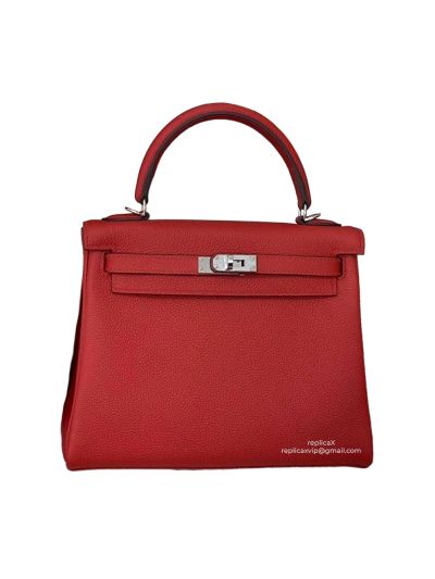 Hermes Vip Kelly 25 Top Handle Shoulder Bag Red Hand Stitched Togo Calfskin 25CM 522340