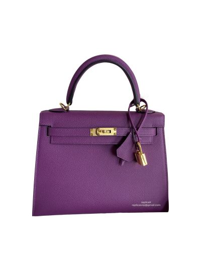 Hermes Vip Kelly 25CM Epsom Leather Bag Hand Stitched Purple 523097