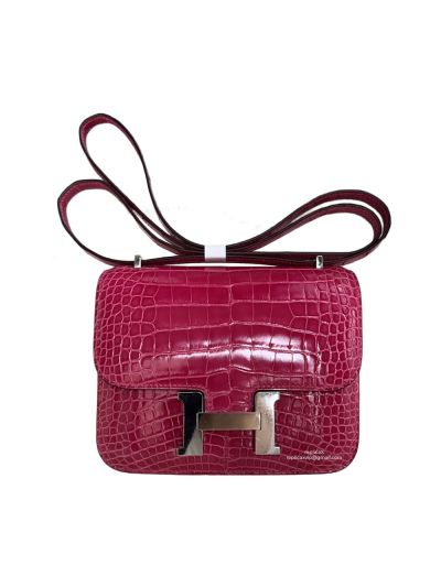 Hermes VIP Mini Constance Crossbody Bag Rose Red Crocodile Leather 19CM 523066