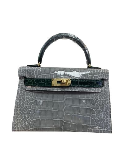 Hermes VIP Mini Kelly 19CM Shiny Alligator Crocodile Top Handle Bag Gray Green 523397
