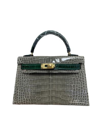 Hermes VIP Mini Kelly 19CM Shiny Alligator Crocodile Top Handle Bag Gray Green 523398