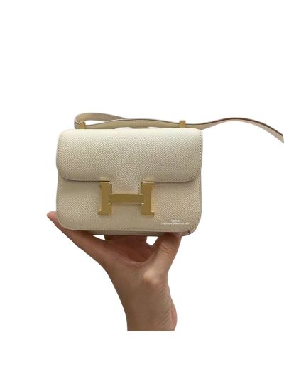 Hermes VIP Mini Micro Constance 14 Flap Shoulder Crossbody Bag White Epsom Leather 14CM 523330
