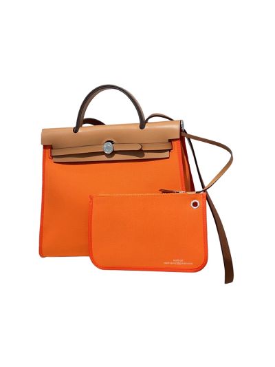 Hermes VIP Orange Vache Hunter Toile and Leather Herbag Zip 31 PM Shoulder Top Handle Bag 523804