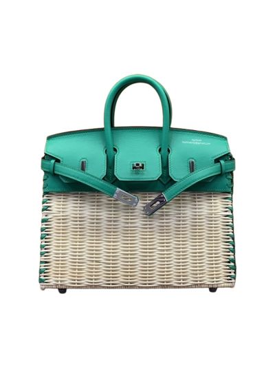 Hermes VIP Picnic Sellier Birkin 25 Osier Wicker Rouge Swift Bag Light Green 523807