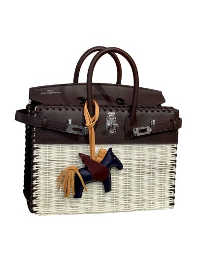 Hermes VIP Picnic Sellier Birkin 25 Osier Wicker Rouge Swift Tote Bag Brown Leather 523808