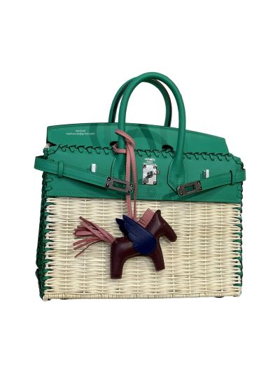Hermes VIP Picnic Sellier Birkin 25 Osier Wicker Rouge Swift Tote Bag Green Leather 523809