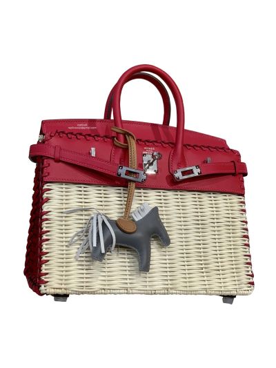 Hermes VIP Picnic Sellier Birkin 25 Osier Wicker Rouge Swift Tote Bag Red Leather 523811
