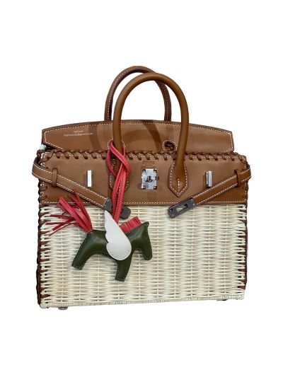 Hermes VIP Picnic Sellier Birkin 25 Osier Wicker Rouge Swift Tote Bag Tan Leather 523810