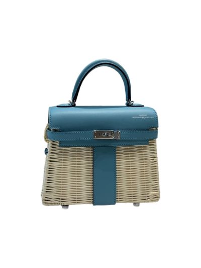 Hermes VIP Picnic Sellier Mini Kelly Osier Wicker Rouge Swift Bag Light Blue 523399
